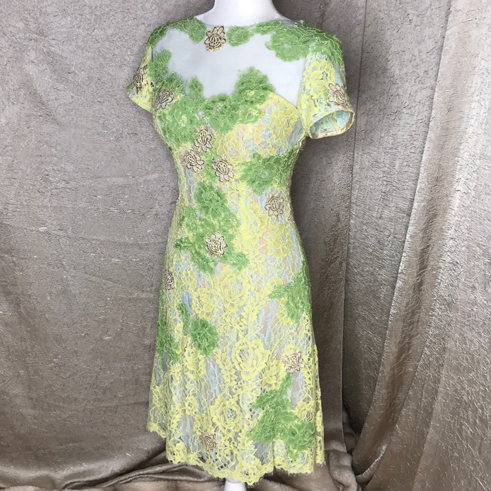 Jovani Lace Green Gold Double Layer Dress - Picture 5 of 12